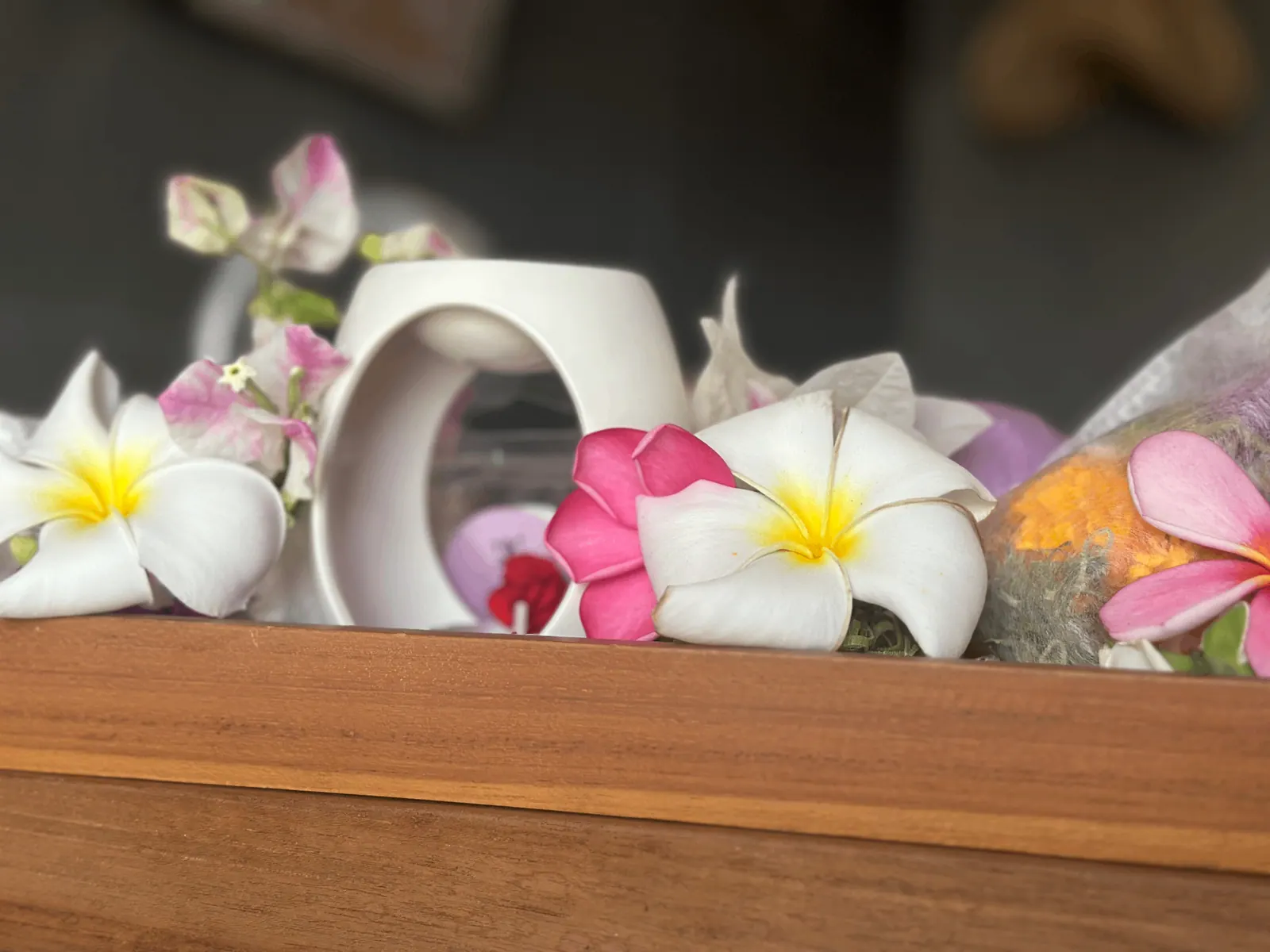Close-up of frangipani flowers with ceramic burner