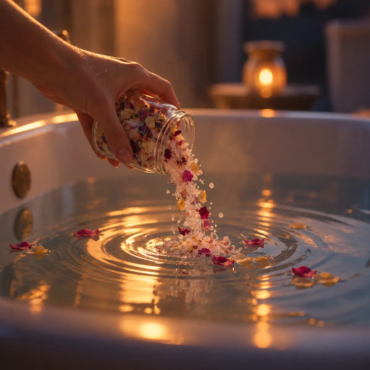 Adding Seven Flowers bath salts to a warm bath
